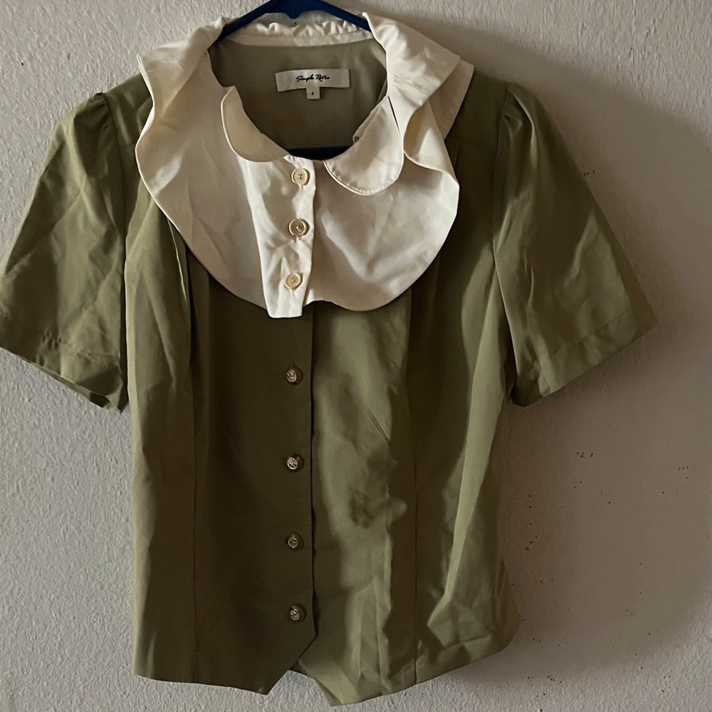 Olive Green Button Down Shirt with White Collar